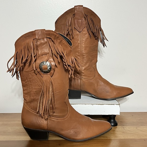 Miss‎ Rodeo USA By ACME Women Saddle Tan Fringe Western Fashion Boots Size 7.5M